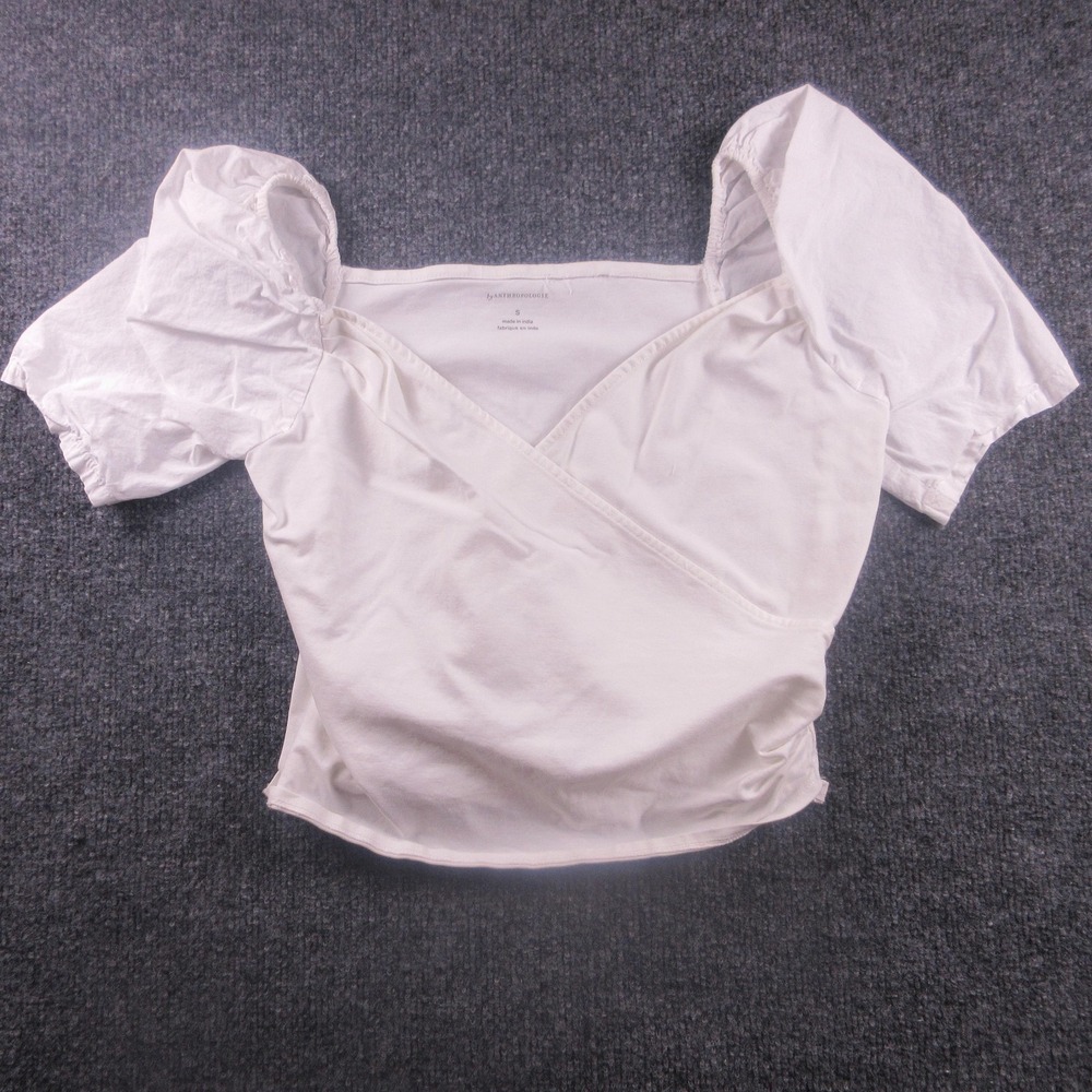 By Anthropologie Shirt Womens Small White Puff Sleeve Wrap V Neck Jersey